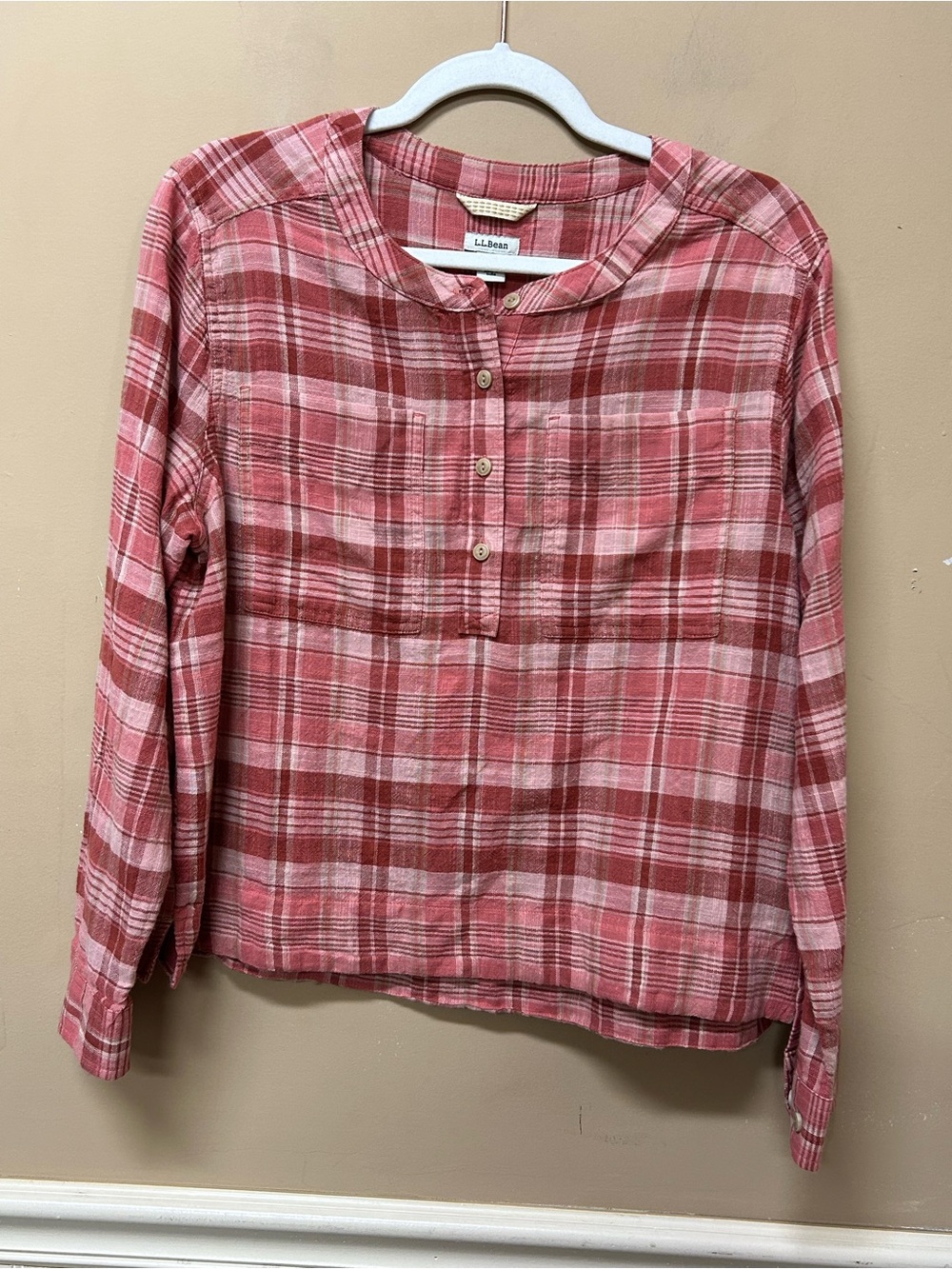 L.L.Bean Day Breeze Shirt Collarless Plaid Cotton Lightweight Size M Petite